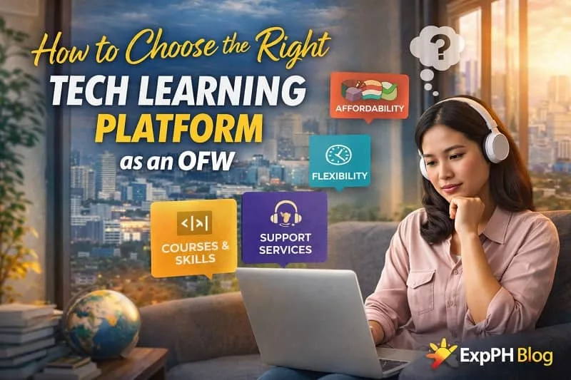 Filipino OFW choosing a tech learning platform on a laptop with course, affordability, and flexibility icons and ExpPH Blog logo