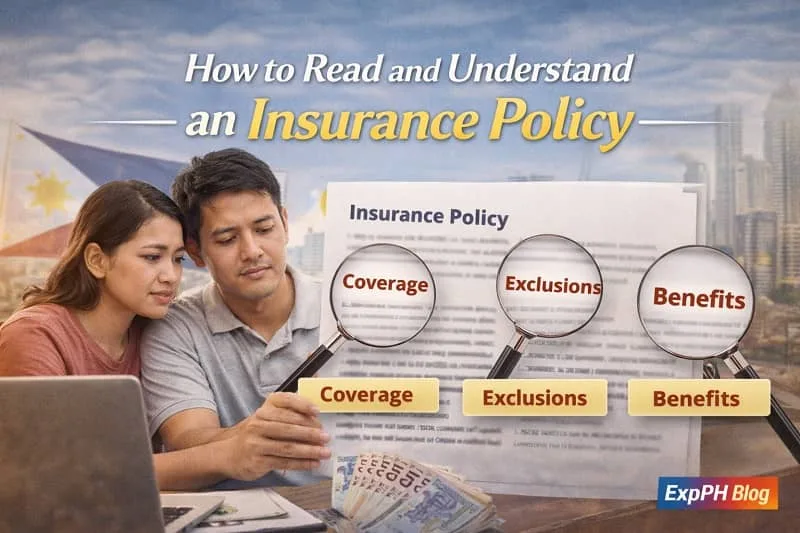 How to read and understand an insurance policy showing a Filipino OFW reviewing documents, policy details, and coverage icons with ExpPH Blog logo