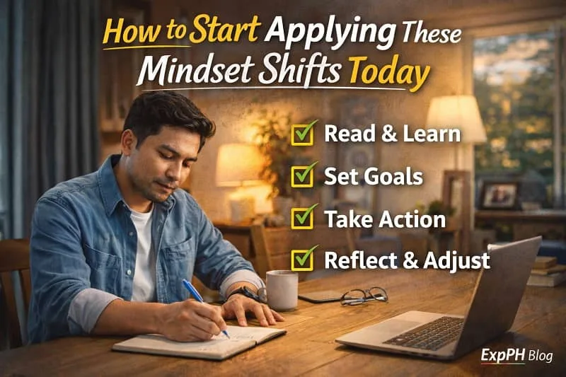 Filipino man writing goals and action steps in a notebook, representing how to start applying mindset shifts today