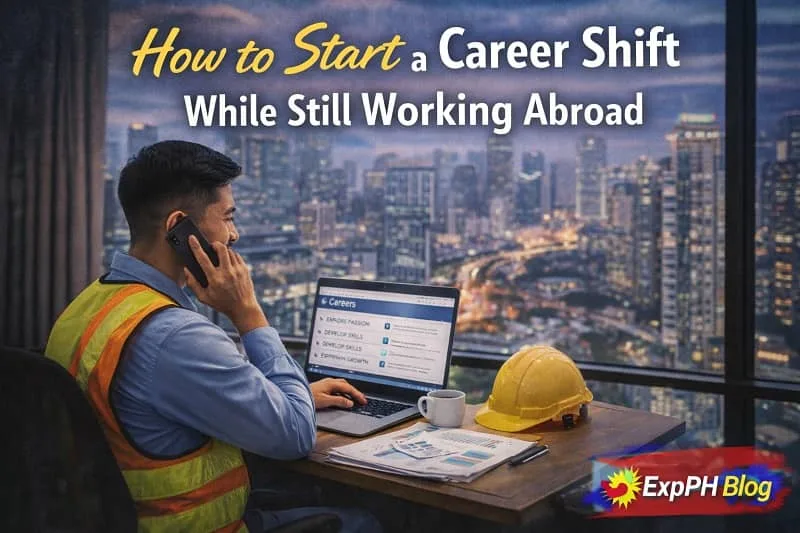 Filipino OFW studying online and working on a laptop during free time, representing career preparation while working abroad, with ExpPH Blog logo.