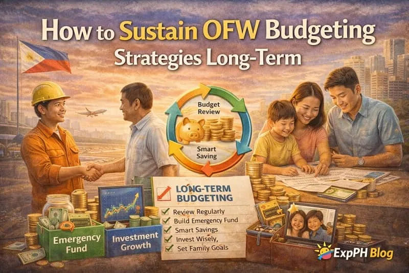 Filipino overseas worker and family reviewing finances with savings goals emergency fund and budgeting checklist representing long term OFW budgeting strategies.