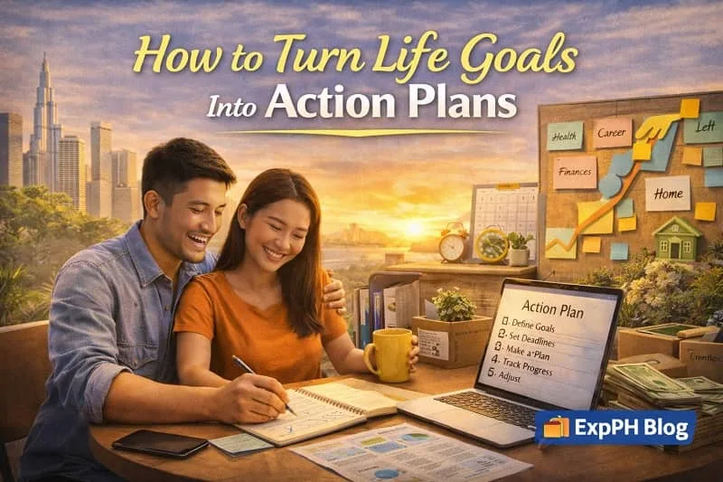 Filipino couple creating an action plan using a notebook, laptop, and planner, representing turning life goals into clear steps, with ExpPH Blog logo