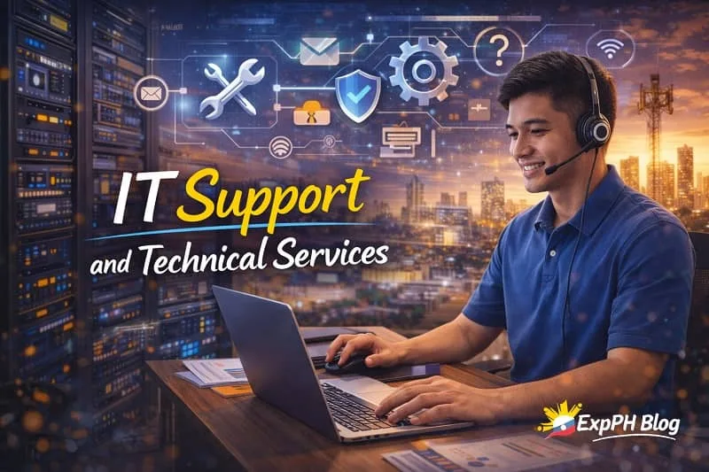 Filipino IT support professional wearing a headset while assisting users and managing technical systems on multiple screens, representing IT support and technical services for OFWs in a modern digital workspace.