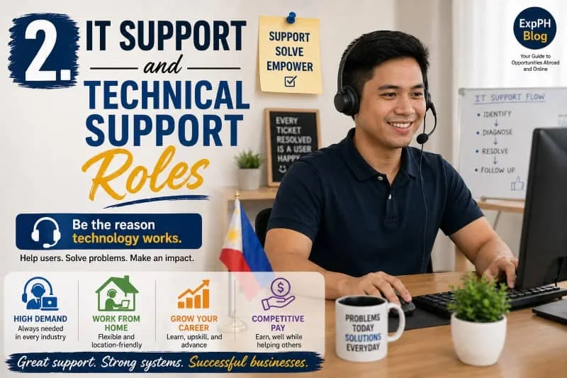 A Filipino IT support specialist assisting customers using a laptop and headset in a modern workspace, highlighting IT support and technical support roles with ExpPH Blog branding.