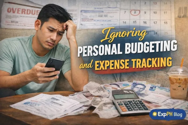 Filipino man reviewing bills and expenses with calculator and receipts, showing the impact of ignoring personal budgeting and expense tracking