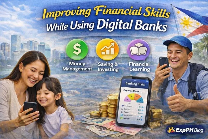 Filipino OFW learning financial skills using a smartphone and digital banking apps with savings and budgeting visuals and ExpPH Blog logo