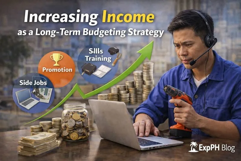 Filipino OFW working on a laptop and planning finances to increase income as a long-term budgeting strategy while working abroad.