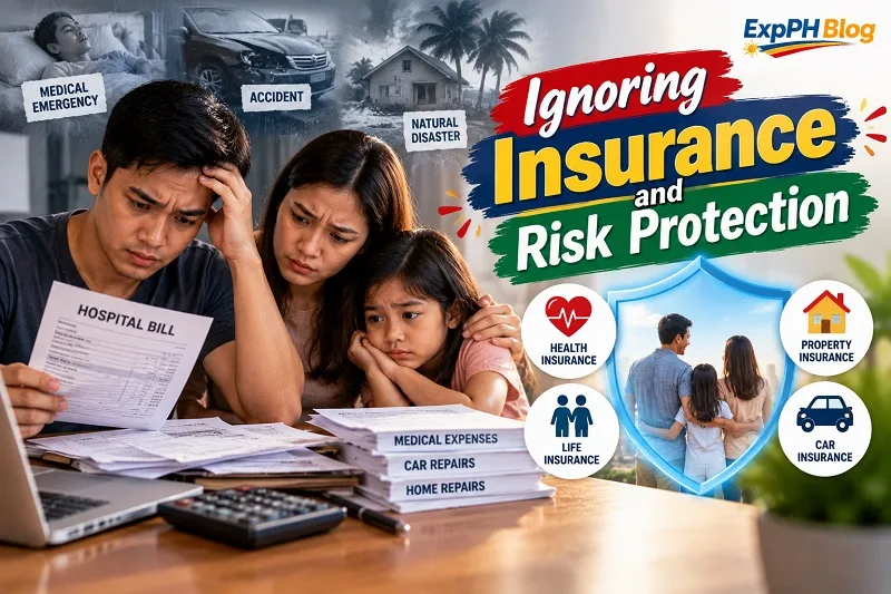 A worried Filipino family reviewing hospital bills and medical expenses, illustrating the financial risks of ignoring health insurance, life insurance, car insurance, and property protection.