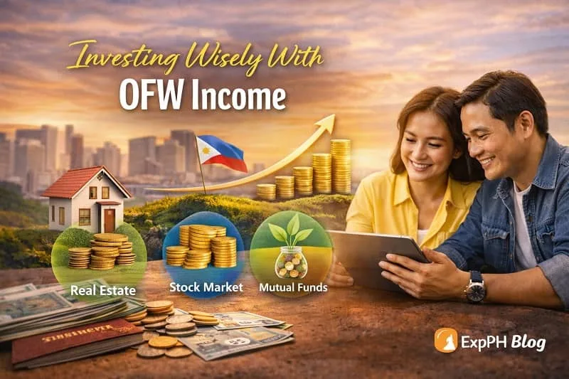 Filipino OFW couple reviewing investment plans with charts, savings, and financial tools, representing wise investing strategies using OFW income
