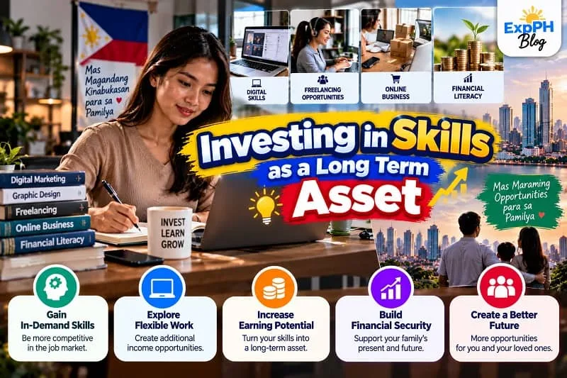 Filipino woman learning digital skills on a laptop while taking notes, representing how education and professional development can create long-term income opportunities and financial security.