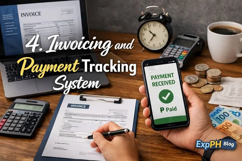 A Filipino small business workspace showing an invoicing and payment tracking system with a laptop displaying an invoice, calculator, cash, and a smartphone confirming payment received, with ExpPH Blog logo.