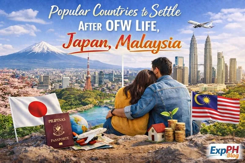 Filipino couple looking at Japan and Malaysia city skylines with Mount Fuji and Kuala Lumpur landmarks while planning life after OFW work, with Philippine passport, travel symbols, savings, home icon, and ExpPH Blog logo