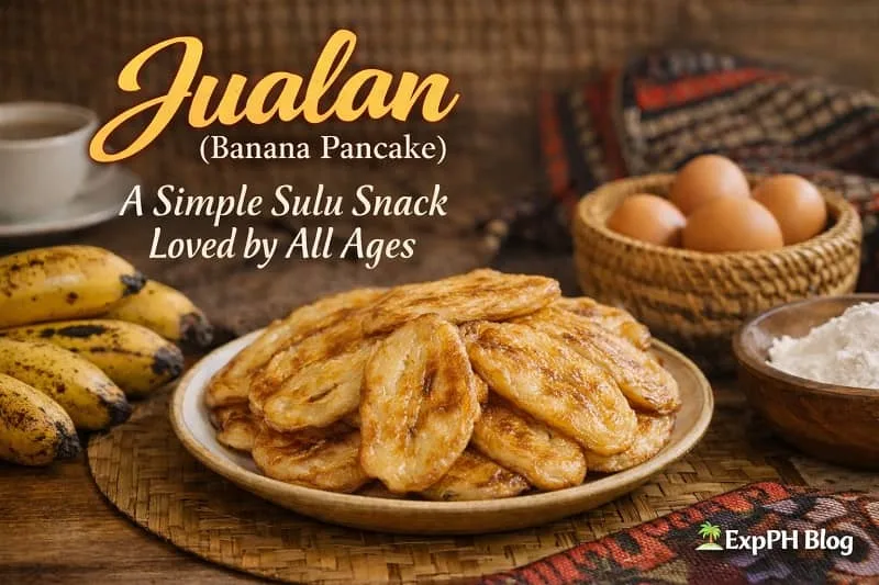Jualan Sulu banana pancake made from sliced ripe bananas, lightly battered and pan fried, served on a plate as a traditional Sulu snack