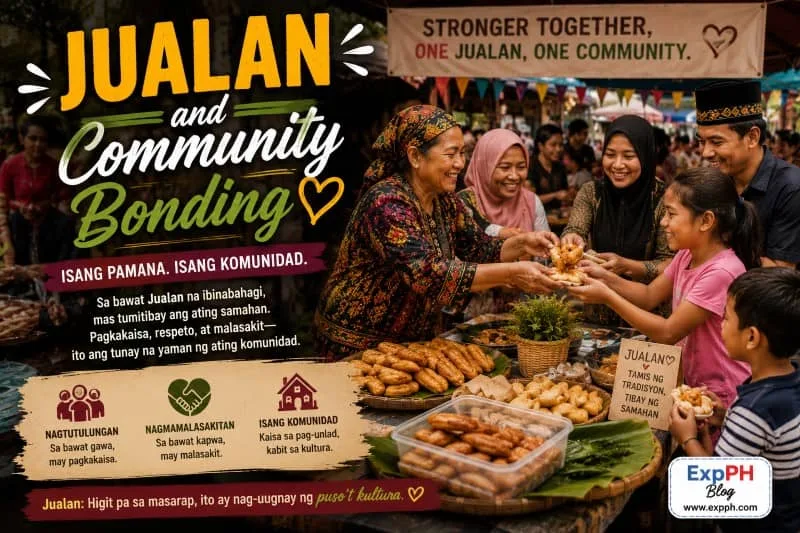 A lively community gathering in Sulu where families and friends are sharing traditional Jualan snacks, laughing, and connecting. The image includes the ExpPH Blog logo.