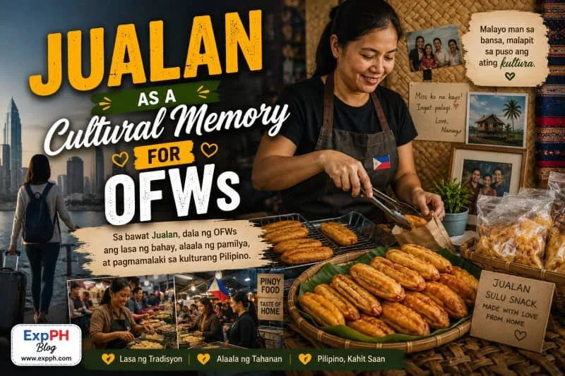 An overseas Filipino worker (OFW) eating a traditional Jualan snack, with warm, faded memories of their family and Sulu heritage in the background. The image includes the ExpPH Blog logo.