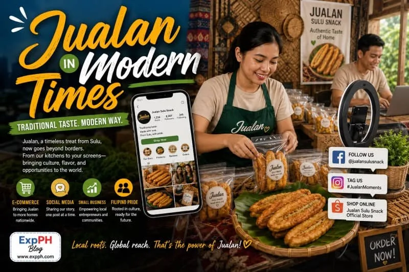 A modern take on the traditional Jualan snack from Sulu, served in contemporary food packaging. Young Filipinos are shown enjoying the treat, surrounded by cultural elements and the ExpPH Blog logo, highlighting the snack's popularity today.