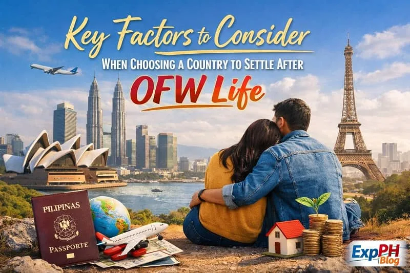 Filipino couple looking at global city skylines while planning where to settle after OFW life, with travel symbols, savings, home icon, and ExpPH Blog logo