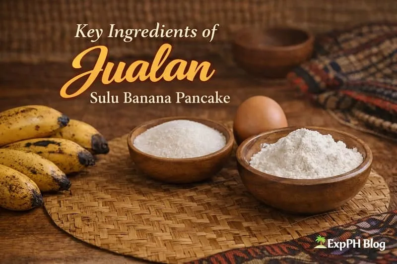 Key ingredients of Jualan Sulu banana pancake including ripe saba bananas, flour, sugar, and egg arranged in a traditional Filipino kitchen setting