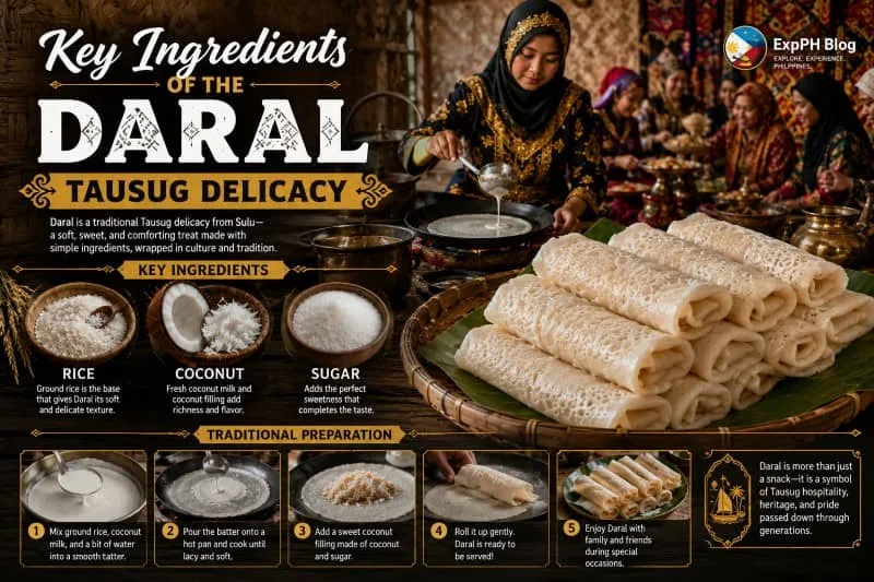A Tausug woman prepares the traditional Daral delicacy in a classic Filipino Muslim setting. Freshly rolled Daral sits on a woven tray alongside its main ingredients: rice, coconut, and sugar.