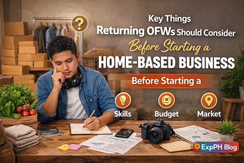 Filipino returning OFW planning a home-based business at home, reviewing finances, goals, and business plans with family support in the Philippines.