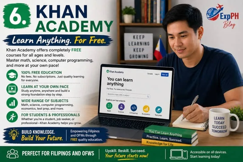 Filipino learner studying online using Khan Academy on a laptop with ExpPH Blog logo and free education text