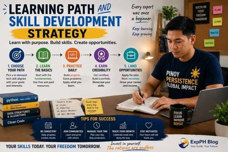 A Filipino professional studying and planning skills on a notebook beside a laptop, with visual steps showing learning, practice, and career growth, representing a structured skill development strategy, including the ExpPH Blog logo.