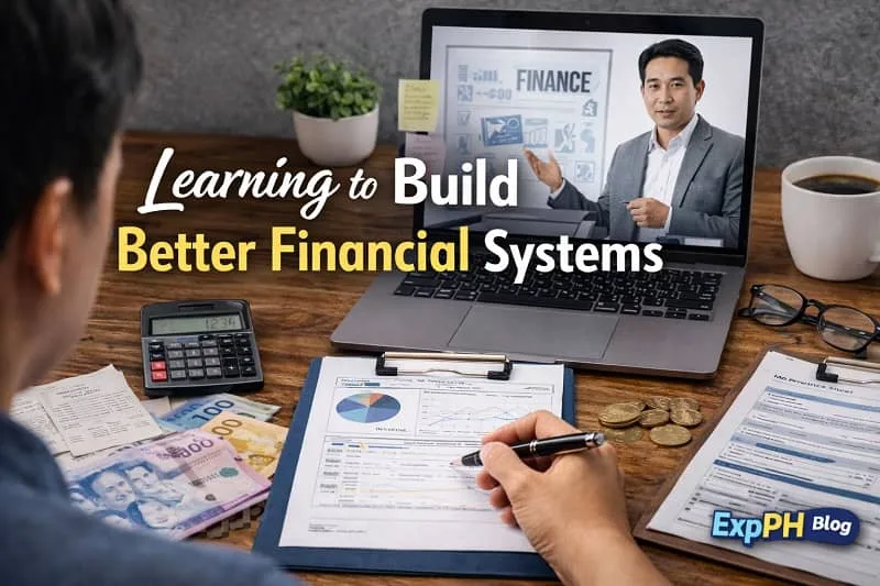 A Filipino entrepreneur learning financial systems using a laptop with a finance lesson, while reviewing reports, calculator, and Philippine peso cash on a desk, with ExpPH Blog logo.