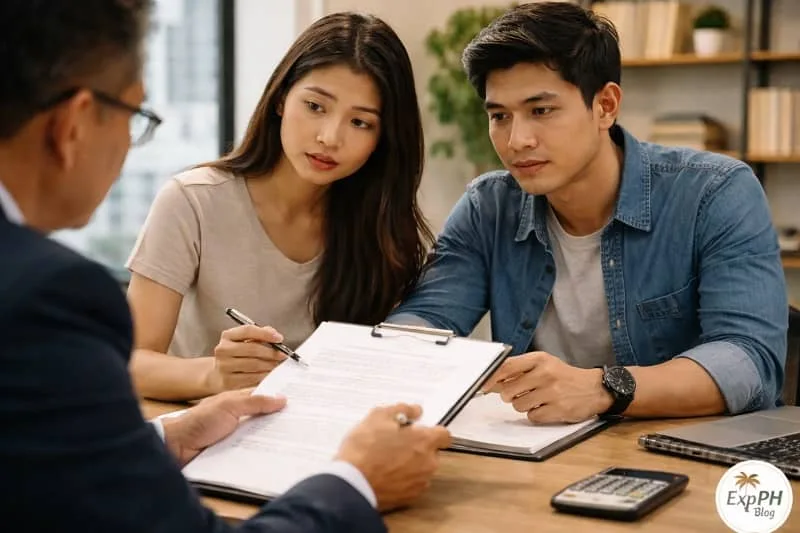 Filipino couple carefully reviewing a work contract with a legal advisor before working abroad