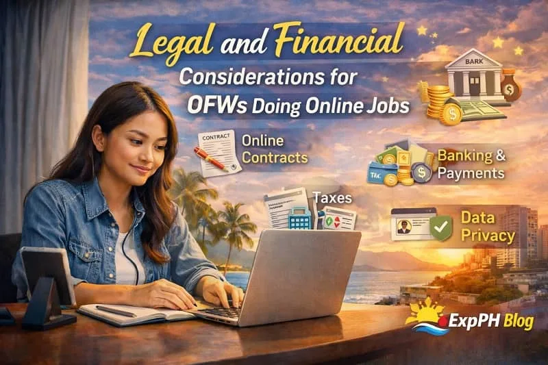 Filipino OFW reviewing online work finances and legal requirements on a laptop showing legal and financial considerations for OFWs doing online jobs with ExpPH Blog logo