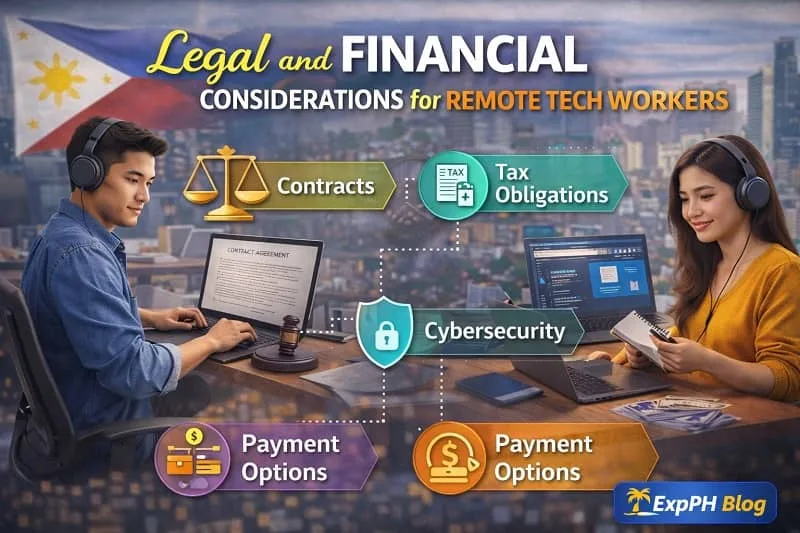 Filipino remote tech workers reviewing contracts, taxes, and payment options while working online with ExpPH Blog logo