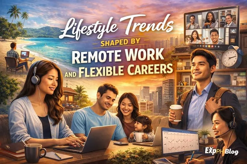 Realistic visual of Filipino remote workers and families showing flexible careers, home based work, digital collaboration, and modern living, featuring the ExpPH Blog logo.