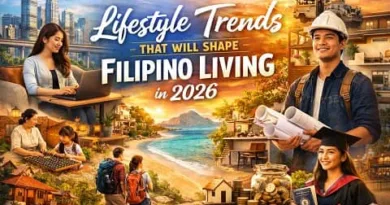 Realistic visual showing modern Filipino lifestyle in 2026 with smart homes, remote work, family life, wellness, sustainability, and future planning, featuring ExpPH Blog logo.