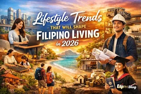 Realistic visual showing modern Filipino lifestyle in 2026 with smart homes, remote work, family life, wellness, sustainability, and future planning, featuring ExpPH Blog logo.