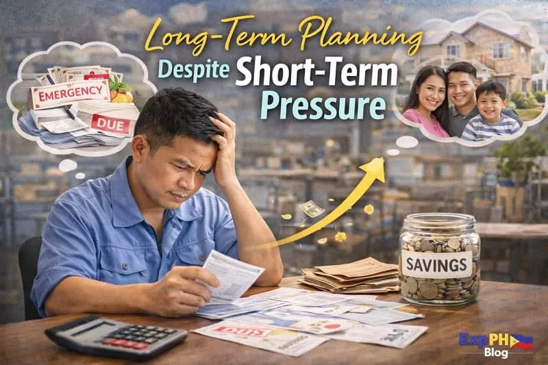 Filipino OFW reviewing bills and savings while thinking about family and future home, showing long-term planning despite short-term financial pressure with ExpPH Blog logo.