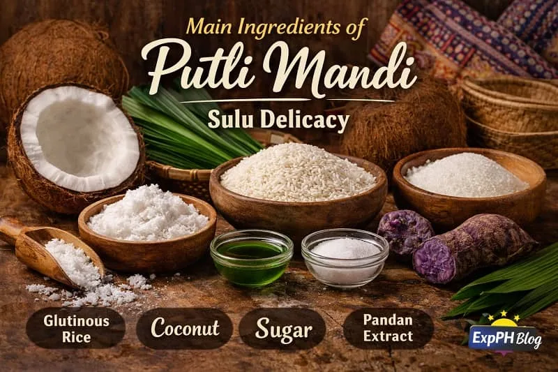 Main ingredients of Putli Mandi Sulu Delicacy showing glutinous rice, coconut, sugar, and pandan extract in a traditional Filipino kitchen setup with ExpPH Blog logo