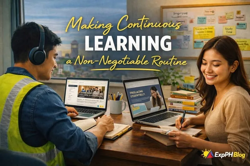 Filipino OFWs studying online using laptops and notebooks, showing continuous learning as a daily routine for skill development and career growth