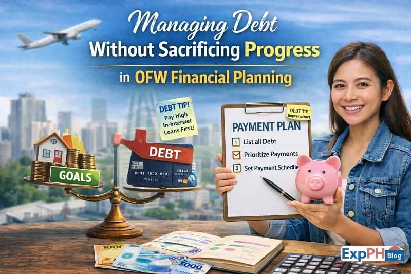 Filipino OFW managing debt with checklist, calculator, and savings plan, showing responsible debt control and financial progress in OFW Financial Planning