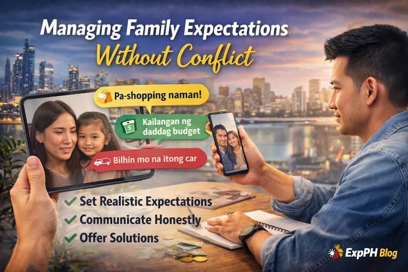 Filipino OFW talking with family through video call showing how to manage family expectations without conflict while working overseas
