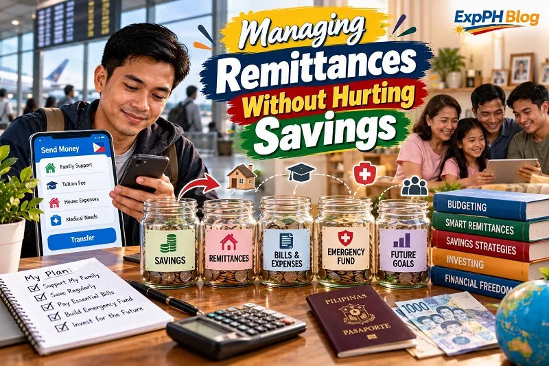 A Filipino overseas worker using a smartphone to plan family remittances, with labeled jars for savings, remittances, bills, emergency funds, and future goals, alongside a photo of his family.