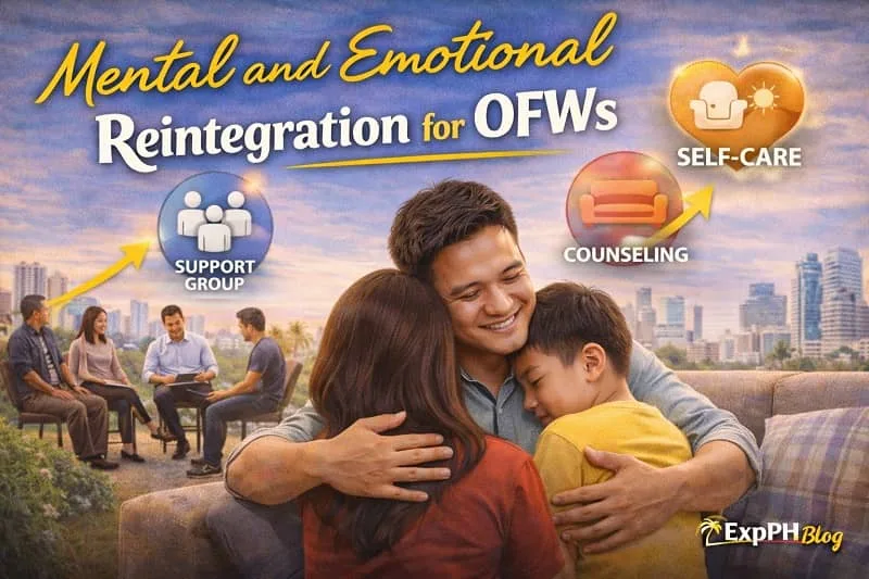 Filipino OFW embracing family at home with support group and counseling symbols, representing mental and emotional reintegration for returning OFWs in the Philippines