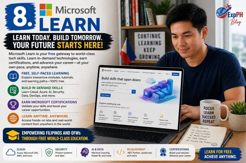 Filipino learner studying cloud and tech skills on Microsoft Learn using a laptop with ExpPH Blog logo