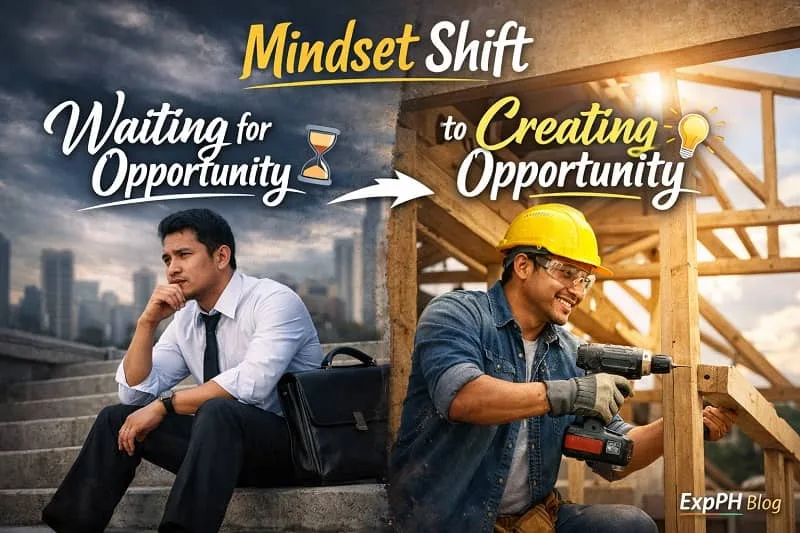 Filipino man transitioning from waiting for opportunity to actively creating opportunity, showing a mindset shift toward action and growth