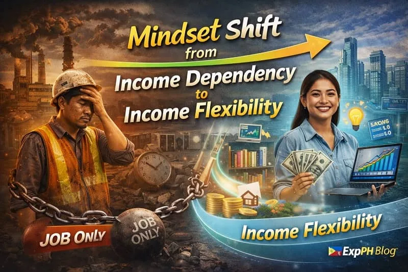 Realistic image showing Filipino workers shifting from income dependency to income flexibility, highlighting multiple income sources, skills growth, and financial stability, with ExpPH Blog logo.
