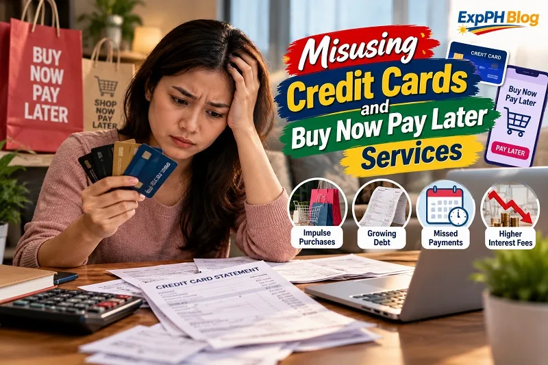 A worried Filipina holding credit cards while reviewing bills and payment statements at her desk, illustrating the risks of overspending, credit card debt, missed payments, and Buy Now Pay Later services.