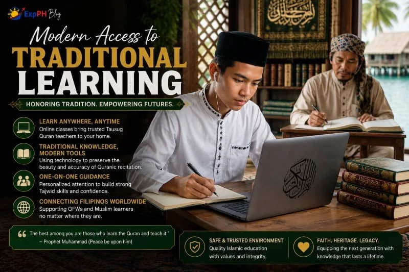 Filipino Muslim student attending online Quranic recitation lessons with a Tausug teacher using modern technology and traditional Islamic learning methods.