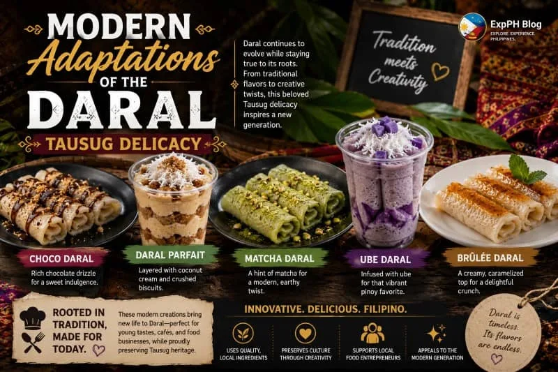 Traditional Daral from Sulu reimagined with modern flavors such as chocolate, ube, matcha, parfait, and brûlée styles, displayed in a contemporary Filipino food presentation with the ExpPH Blog logo.