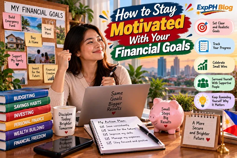 How to stay motivated with your financial goals, featuring a Filipina woman planning her finances with a vision board, savings reminders, a laptop, and a checklist for building a secure future.