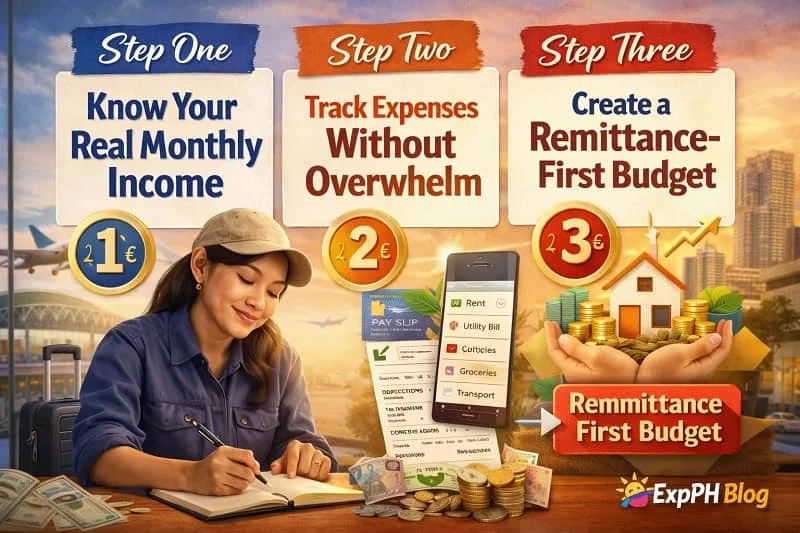 Filipino overseas worker planning budget showing steps to know real income track expenses without overwhelm and create a remittance first budget.