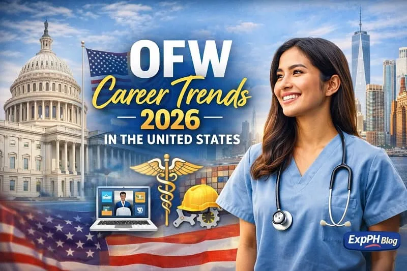 Filipino OFW healthcare professional representing career trends in the United States for 2026, with US landmarks, city skyline, and symbols of healthcare, skilled work, and remote careers.
