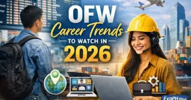 Filipino OFW exploring global and remote career opportunities in 2026 with digital tools, city skyline, and travel background representing future overseas work trends.